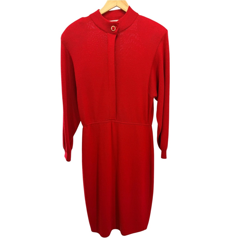 St John Saks Vintage Santana Knit Dress 10 Red Mock Neck Enamel Button Midi Flaw
